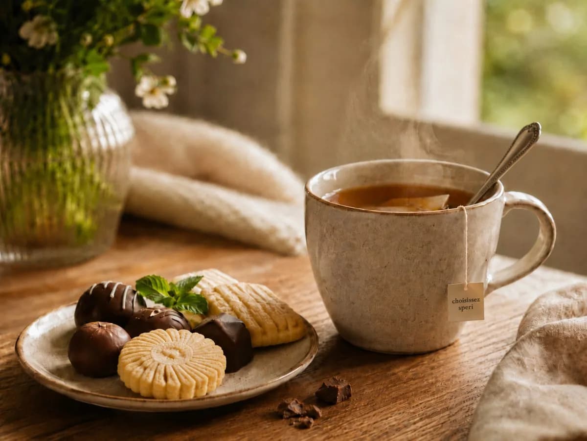 Une tasse de thé fumante et une assiette de biscuits sur une table en bois